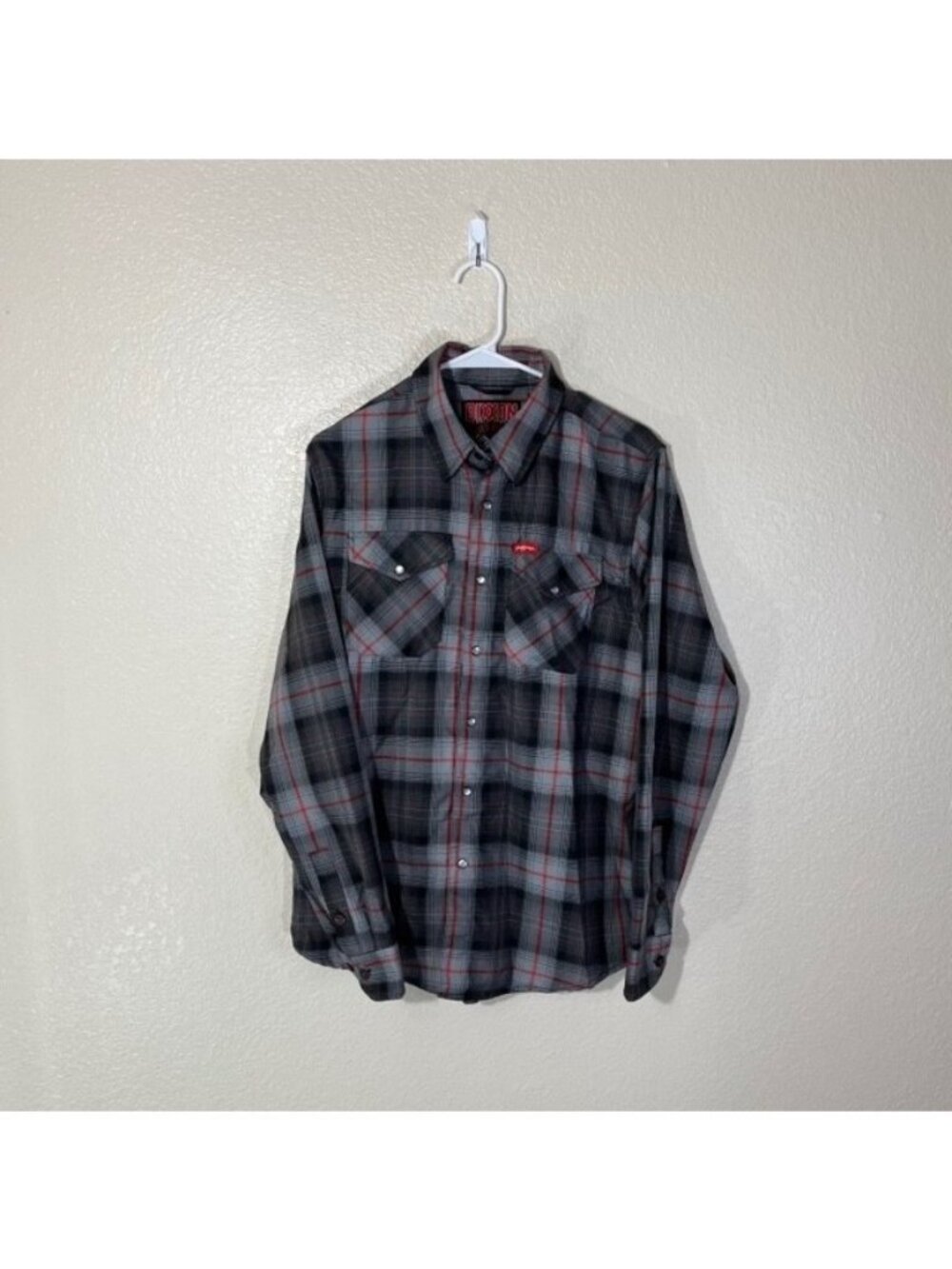 DIXXON Flannel Mens Small Shirt Barret Jackson Snap Button Gray Red Pockets